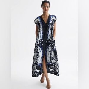 REISS FREJA BLUE BLACK WHITE SCARF FLORAL PRINT MAXI DRESS SIZE 12